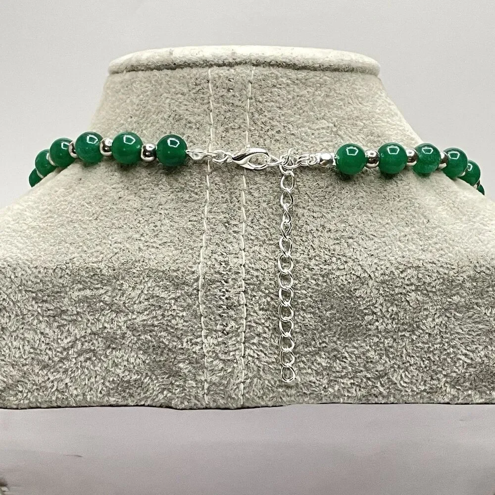 Earth Mined Emerald Green Gemstone Silver Tone Beaded Necklace Statement